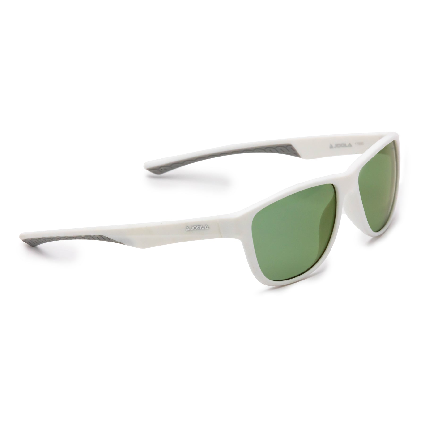 White JOOLA sunglasses with green lenses, sporty design for pickleball and table tennis players