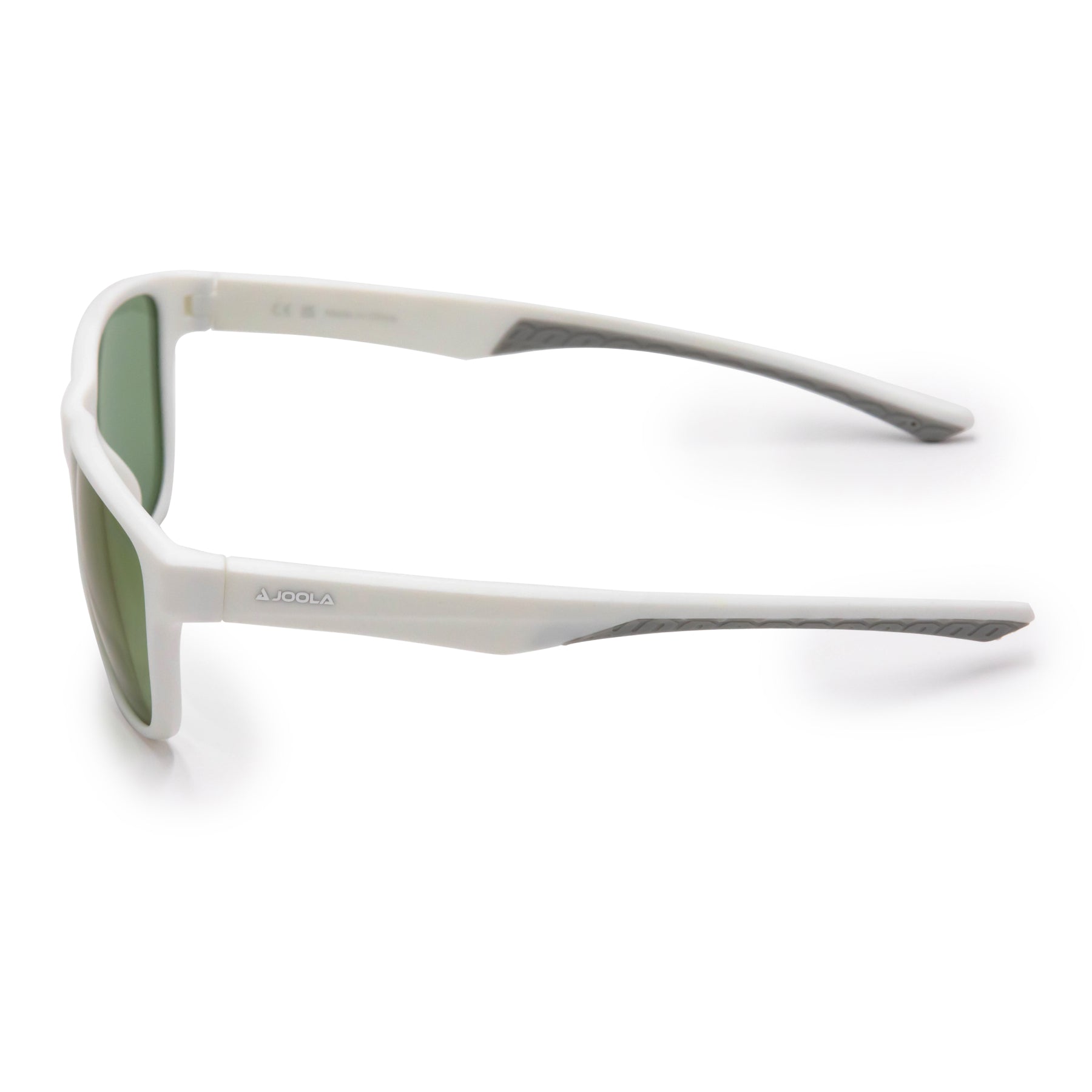 White JOOLA sport sunglasses with green lenses, designed for pickleball and table tennis players.
