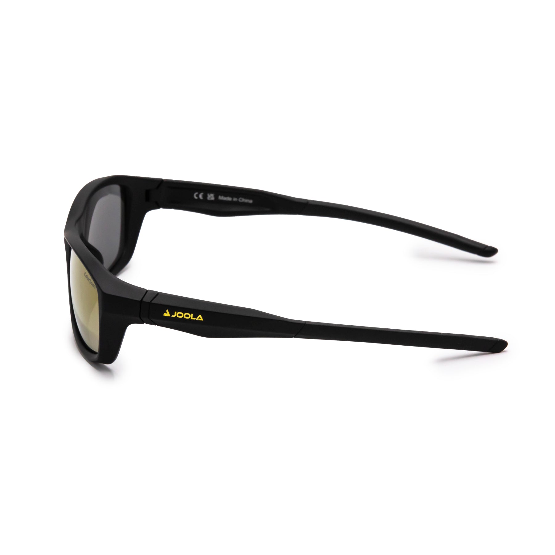 Black JOOLA sports sunglasses with yellow logo, designed for pickleball and table tennis players.