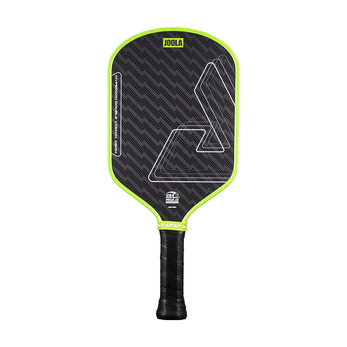 White background, product photo of a green JOOLA Hyperion Double Vision pickleball paddle.