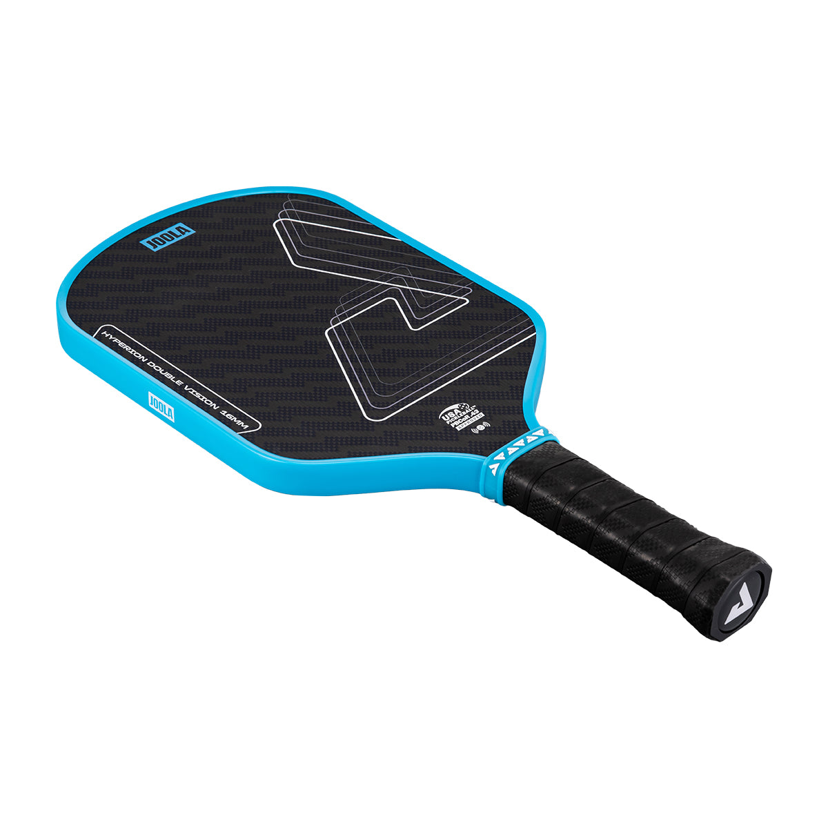 White background, angled image of the Hyperion Double Vision pickleball paddle, blue edge guard and black handle.