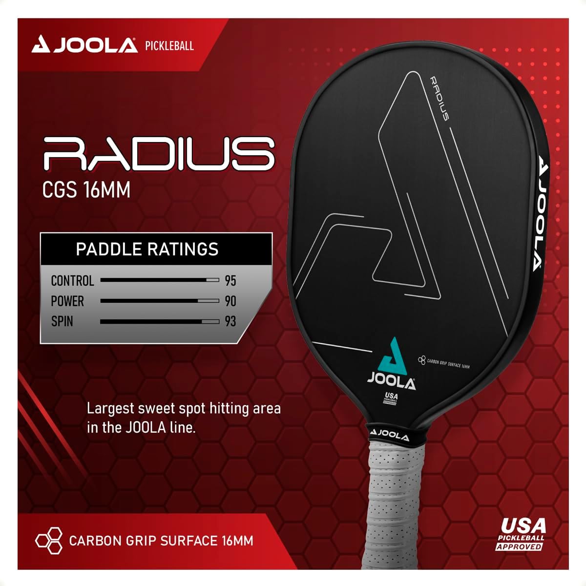 Infographic for the JOOLA Radius Pickleball Paddle with specs on Control, Power and Spin.