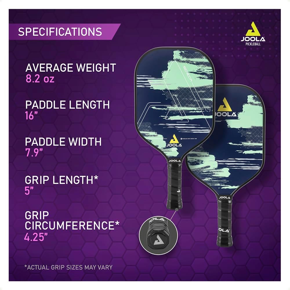 Infographic showing the paddle specifications for the JOOLA Seneca Pickleball Paddle series. Shows Average Weight, Paddle Length, Paddle Width, Grip Length and Grip Circumference.