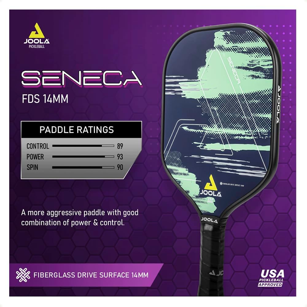 Infographic for the JOOLA Seneca Pickleball Paddle. Image shows the Carbon Drive Surface and paddle's spin, control and power.