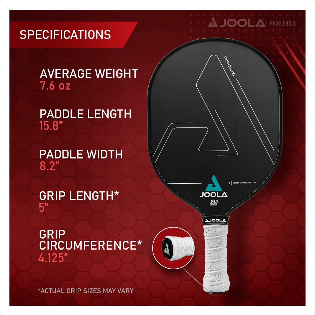 Infographic outlining the paddle specifications for the JOOLA Radius pickleball paddle. Outlined on the image are the paddle's Average Weight, Paddle Length, Paddle Width, Grip Length and Grip Circumference.