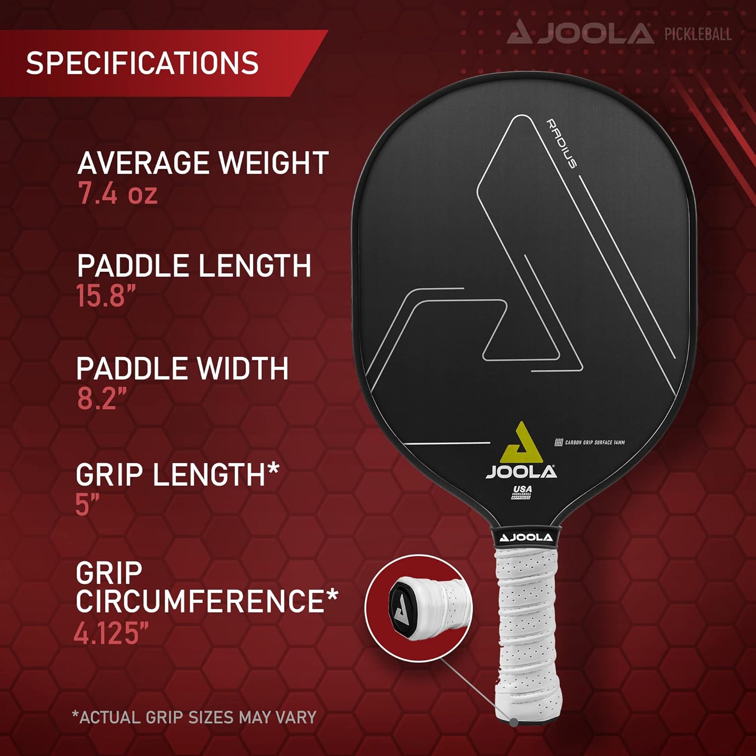 Infographic outlining the paddle specifications for the JOOLA Radius pickleball paddle. Outlined on the image are the paddle's Average Weight, Paddle Length, Paddle Width, Grip Length and Grip Circumference.