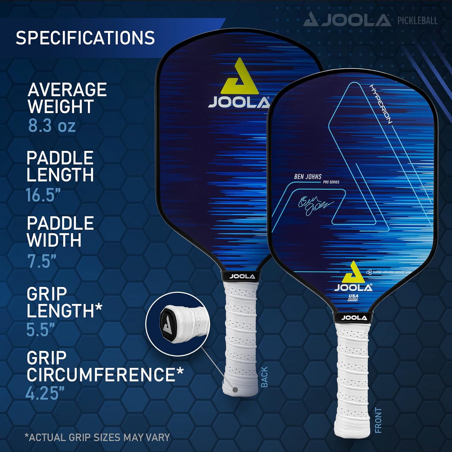 Infographic outlining the paddle specifications for the JOOLA Hyperion pickleball paddle. Outlined on the image are the paddle's Average Weight, Paddle Length, Paddle Width, Grip Length and Grip Circumference.