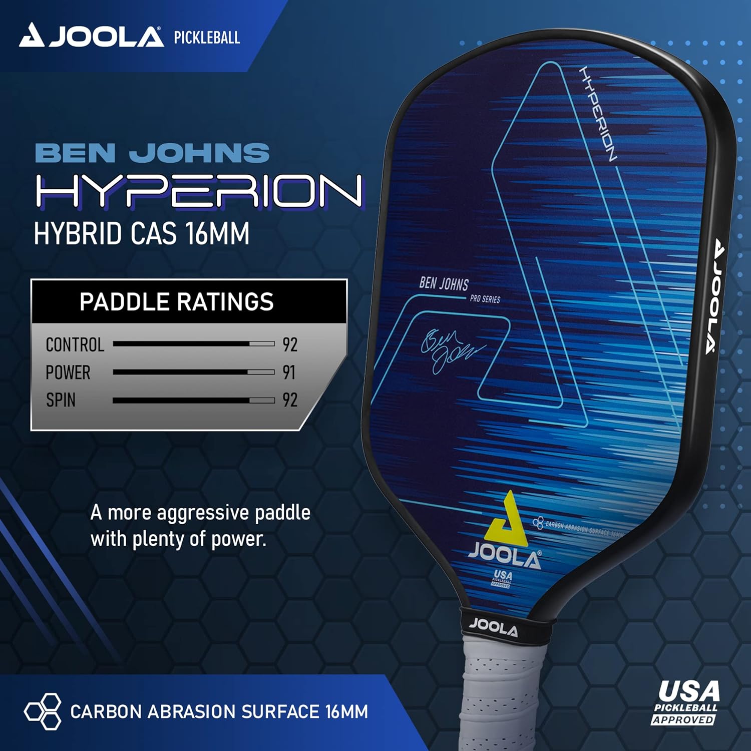 Infographic for the JOOLA Hyperion CAS Pickleball Paddle with specs on Control, Power and Spin.