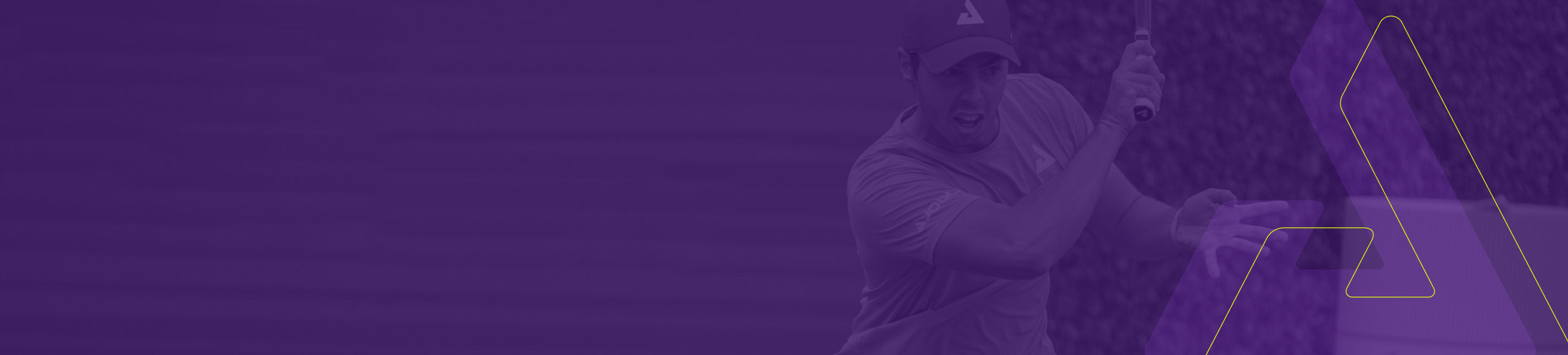 Pickleball player in action with paddle, wearing athletic gear and cap, set against a purple background.