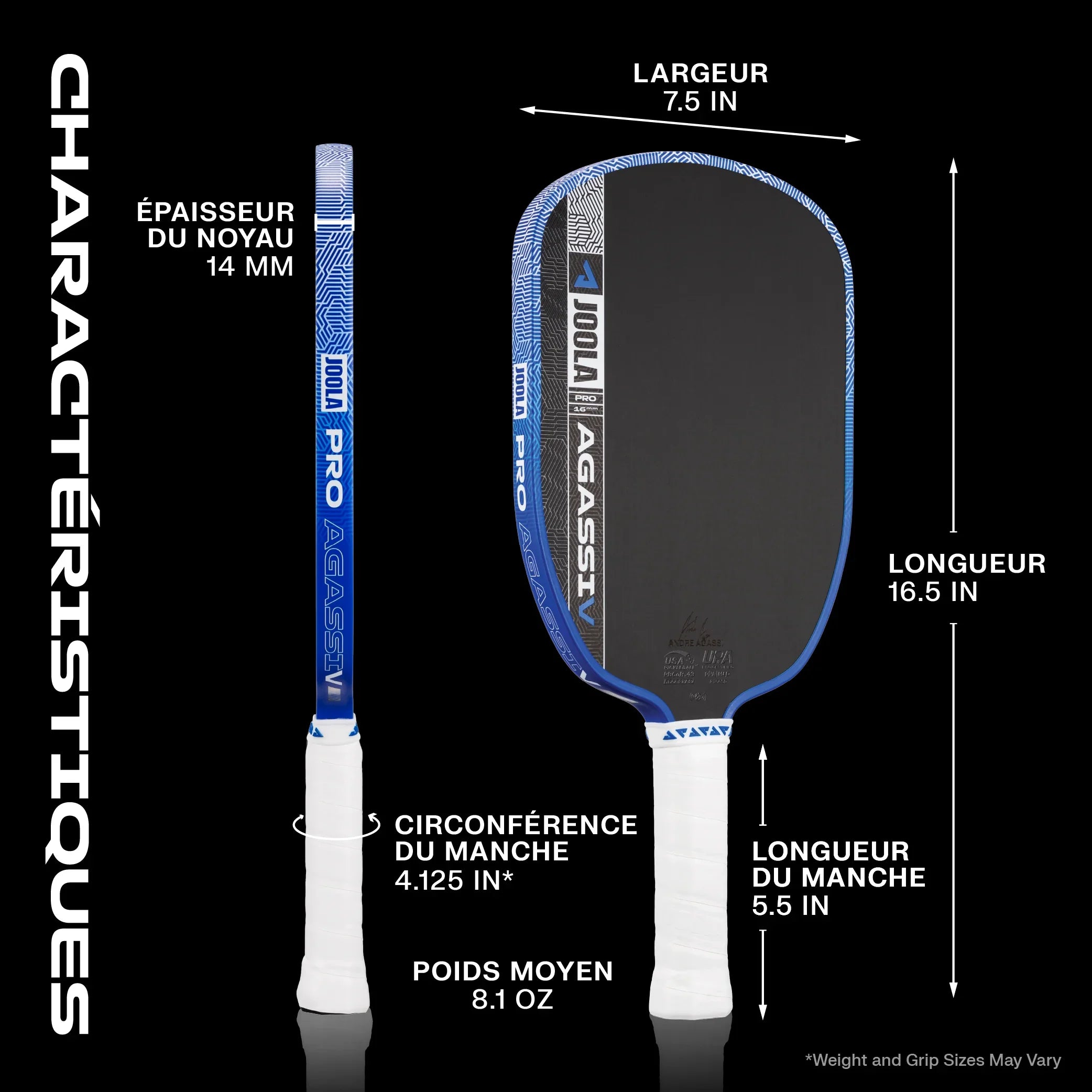 JOOLA Pro Agassi pickleball paddle specs: 16.5" length, 7.5" width, 14mm core, 8.1oz weight, 5.5" grip