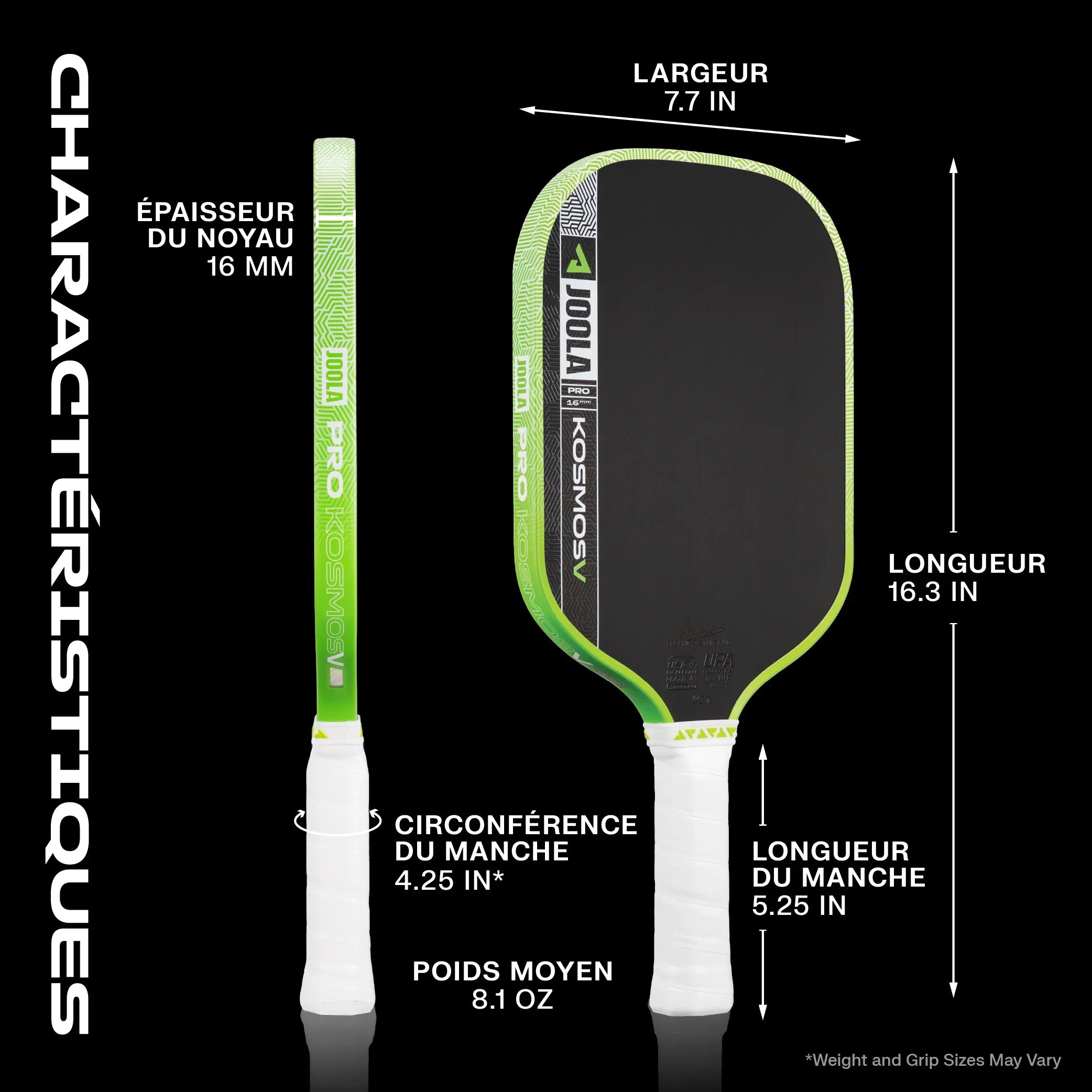 JOOLA Pro Kosmos pickleball paddle specs: 16mm core, 7.7in width, 16.3in length, 8.1oz weight, green/black design