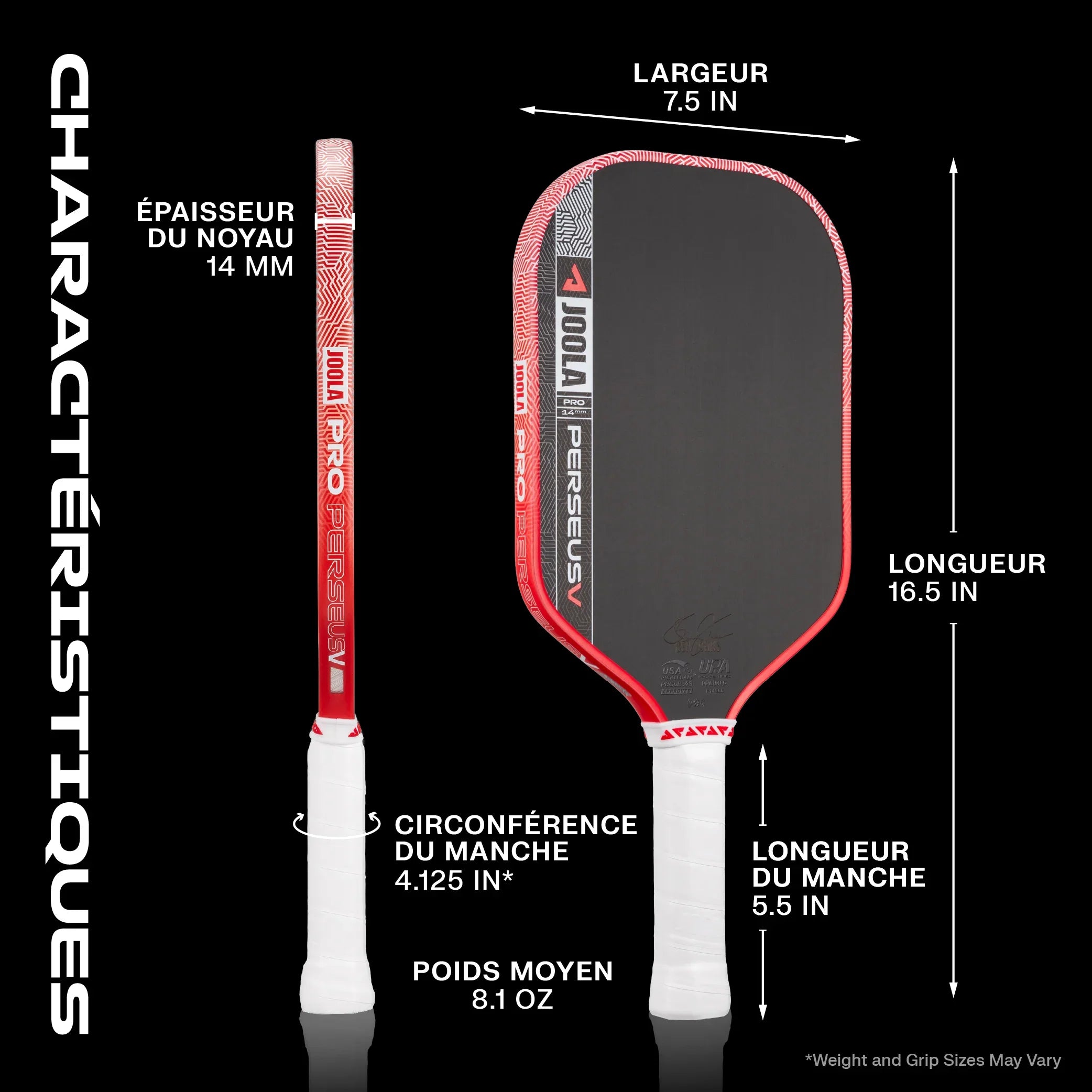 JOOLA Pro Perseus pickleball paddle with dimensions and specs highlighted