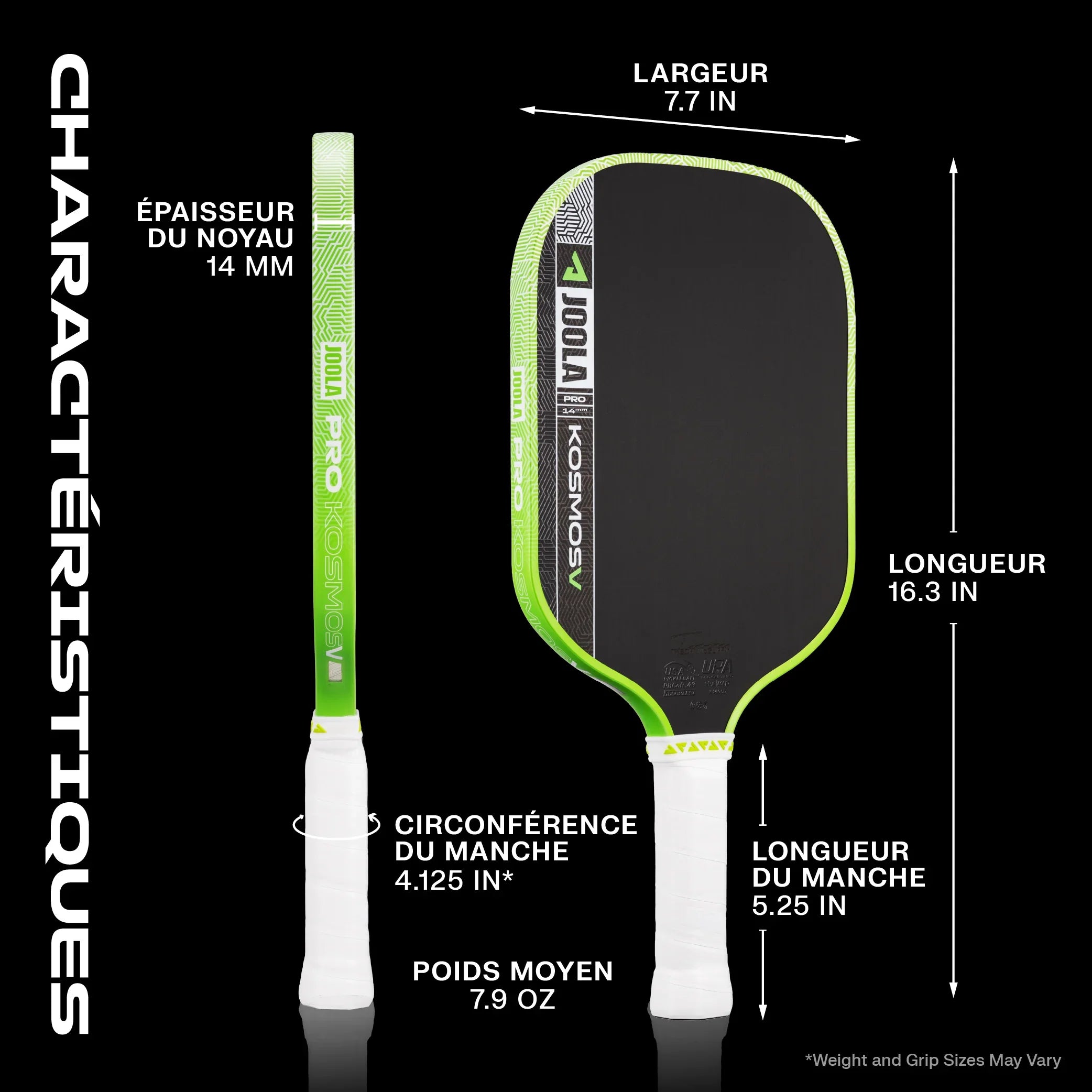 JOOLA Pro Kosmos pickleball paddle specs: 16.3 in length, 7.7 in width, 14mm core, 7.9 oz weight