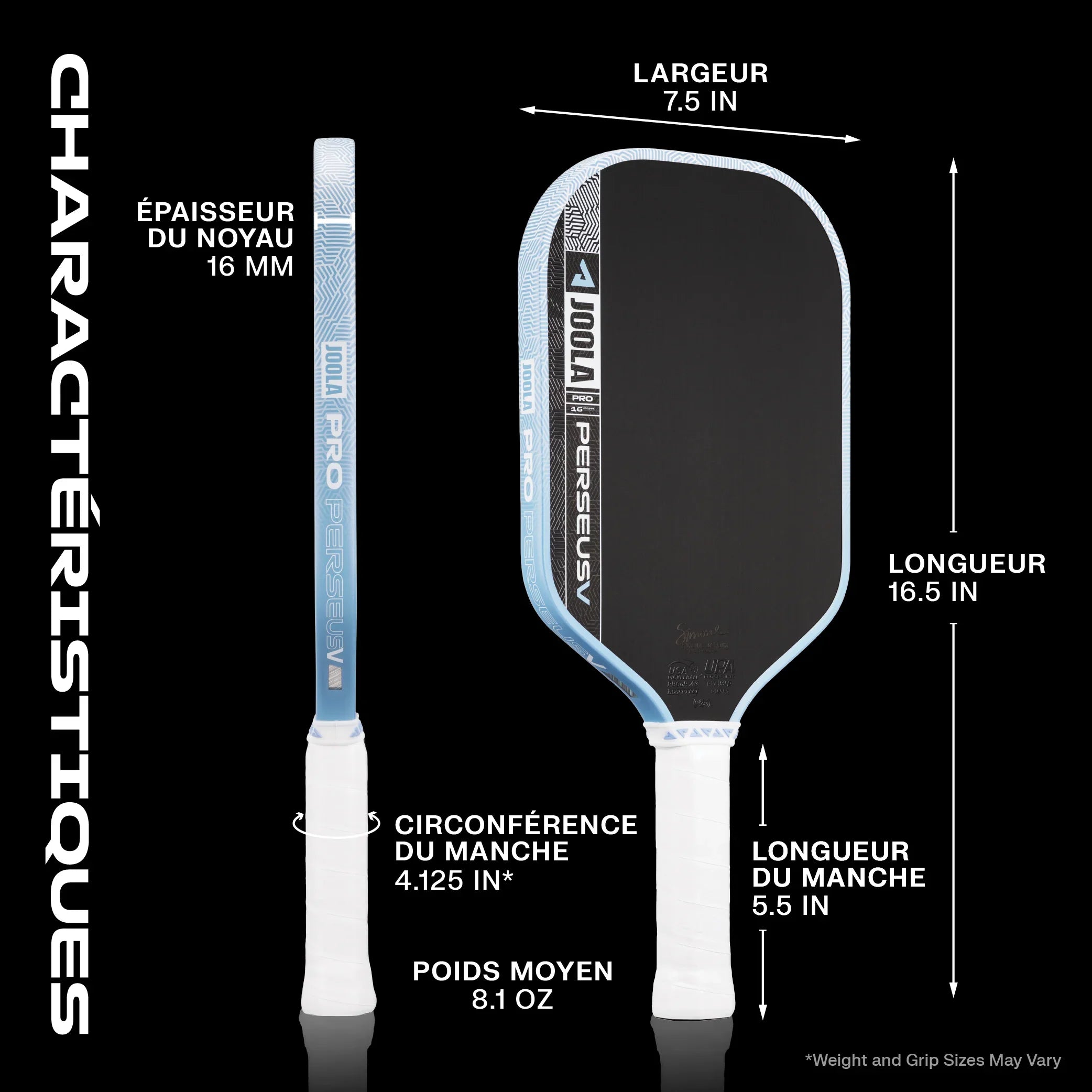 JOOLA Pro Perseus pickleball paddle with 16mm core, 7.5in width, 16.5in length, 5.5in grip, 8.1oz weight