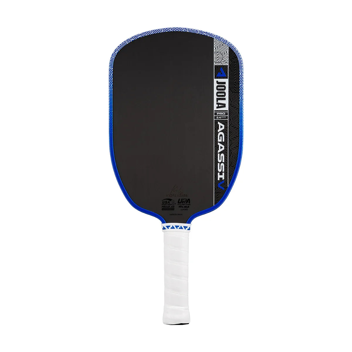 JOOLA Agassi Pro pickleball paddle with blue trim and white grip, featuring USA Pickleball approval