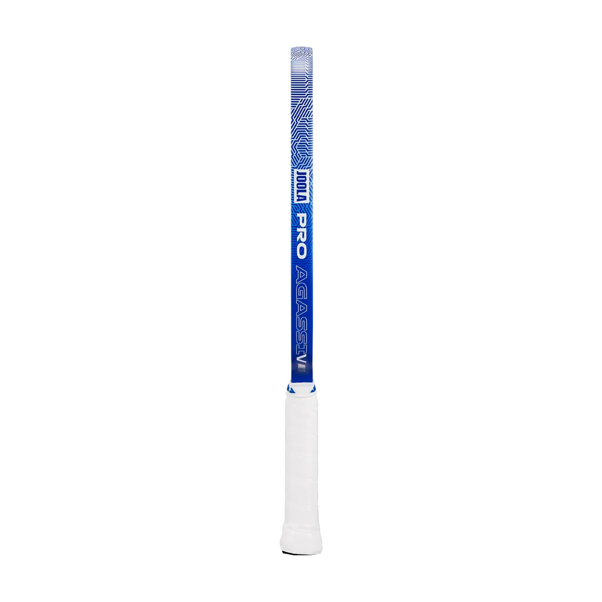 JOOLA Pro Agassi table tennis paddle handle with blue circuit pattern and white grip