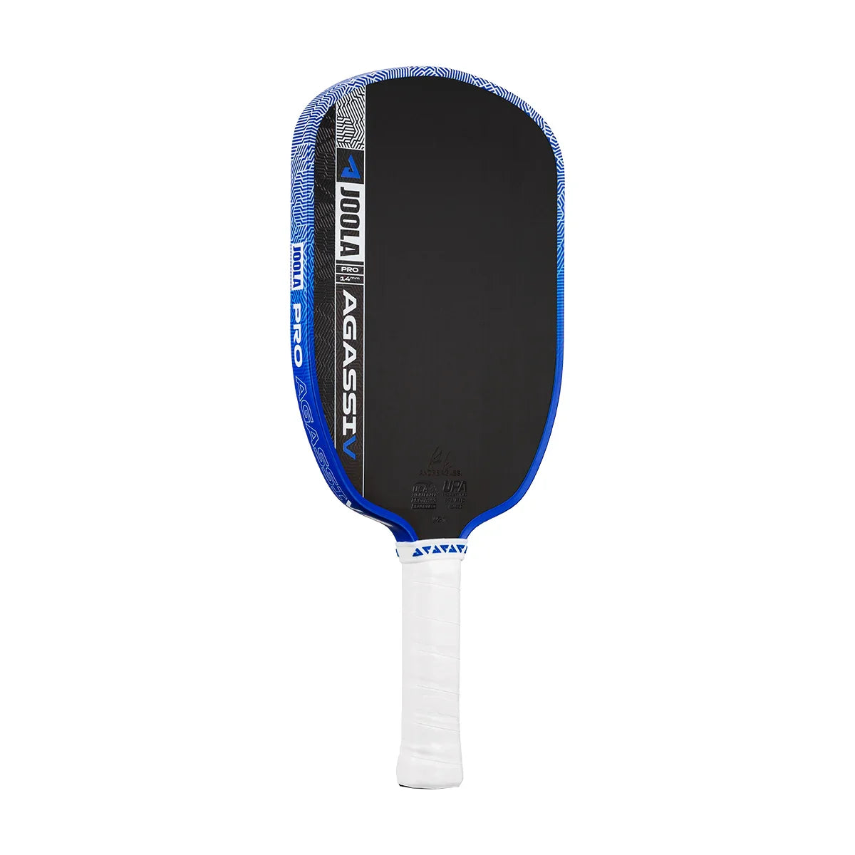 JOOLA Pro Agassi V pickleball paddle with blue patterned edge and white grip, designed for performance play.