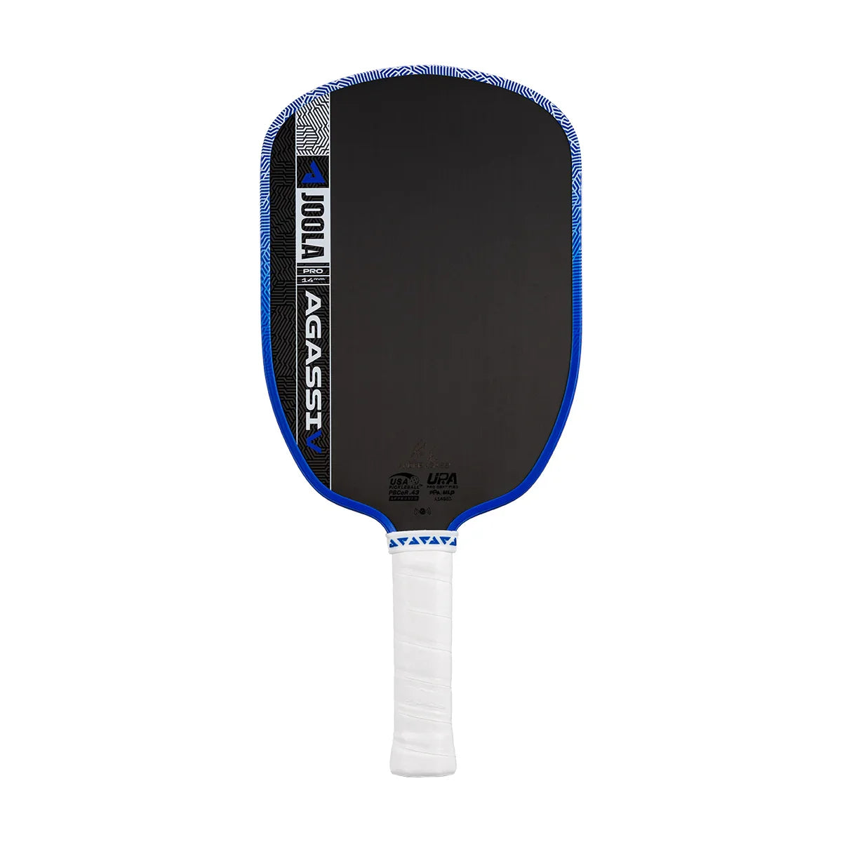 JOOLA Agassi Pro pickleball paddle with blue trim and white grip, USA Pickleball approved