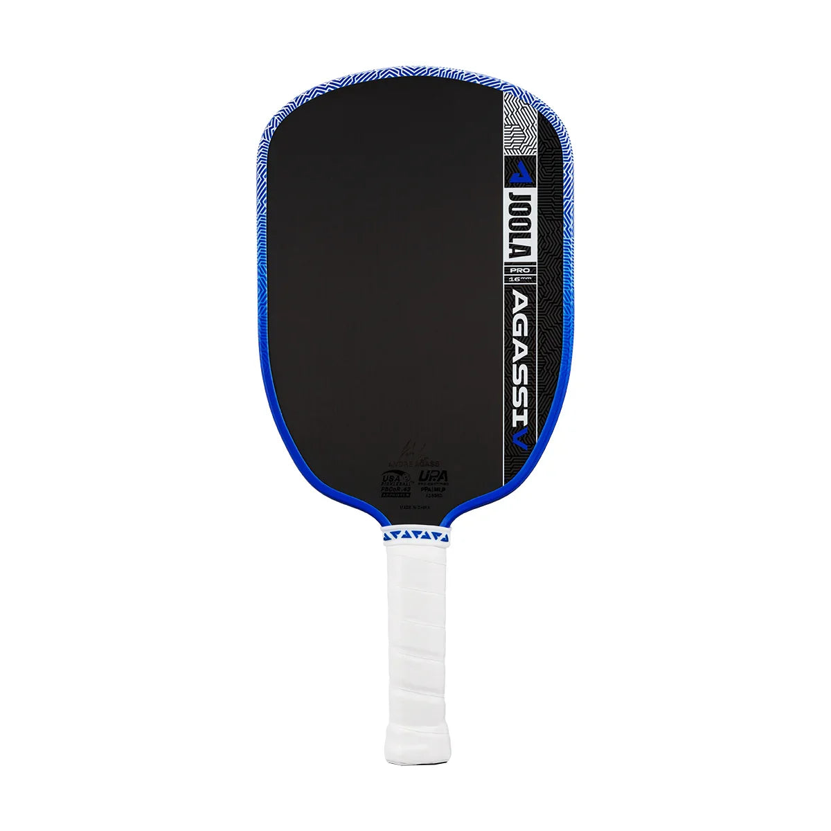 Black and blue Agassi Pro pickleball paddle with white grip, USA Pickleball approved