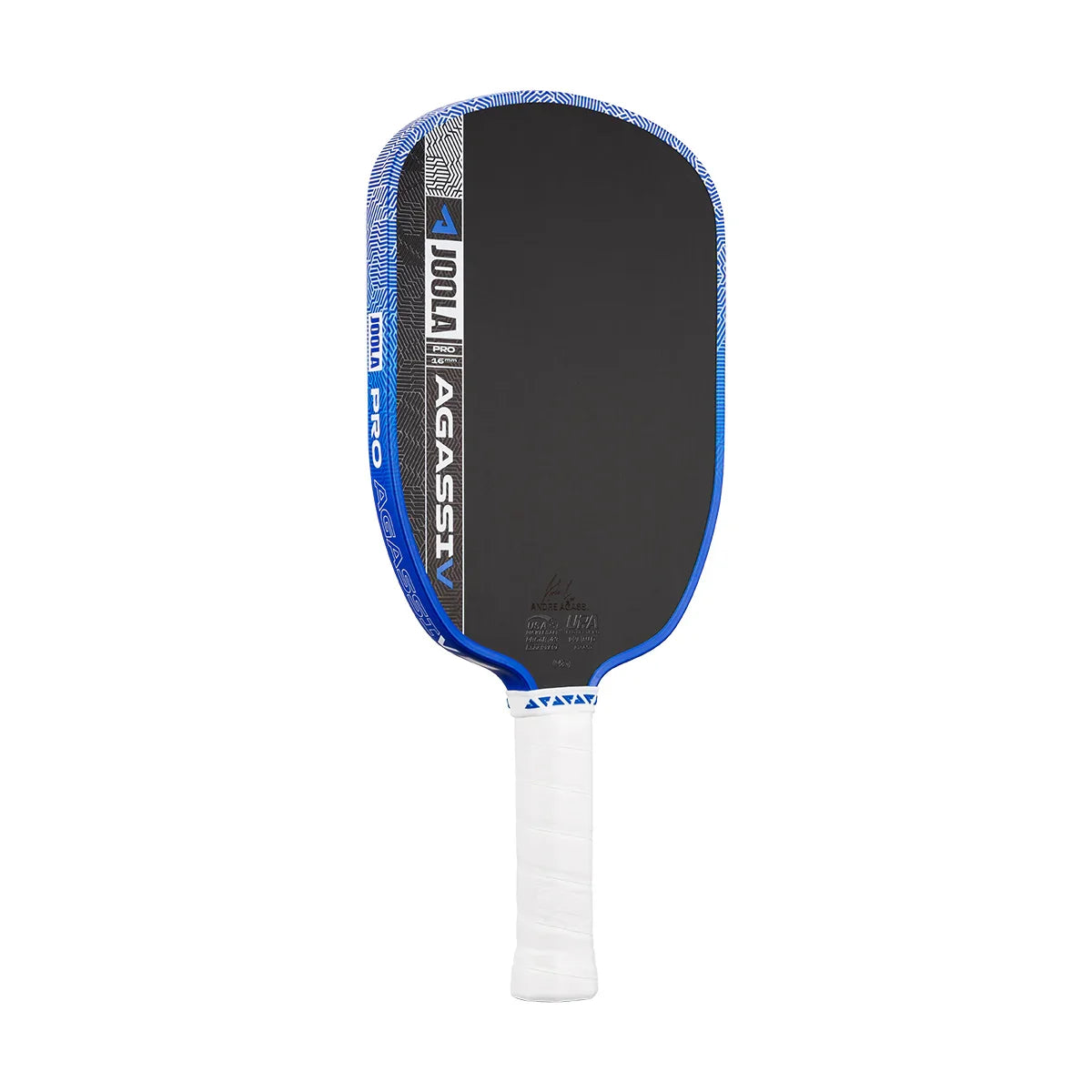 JOOLA Agassi Pro pickleball paddle with blue patterned edge and white grip, designed for performance play