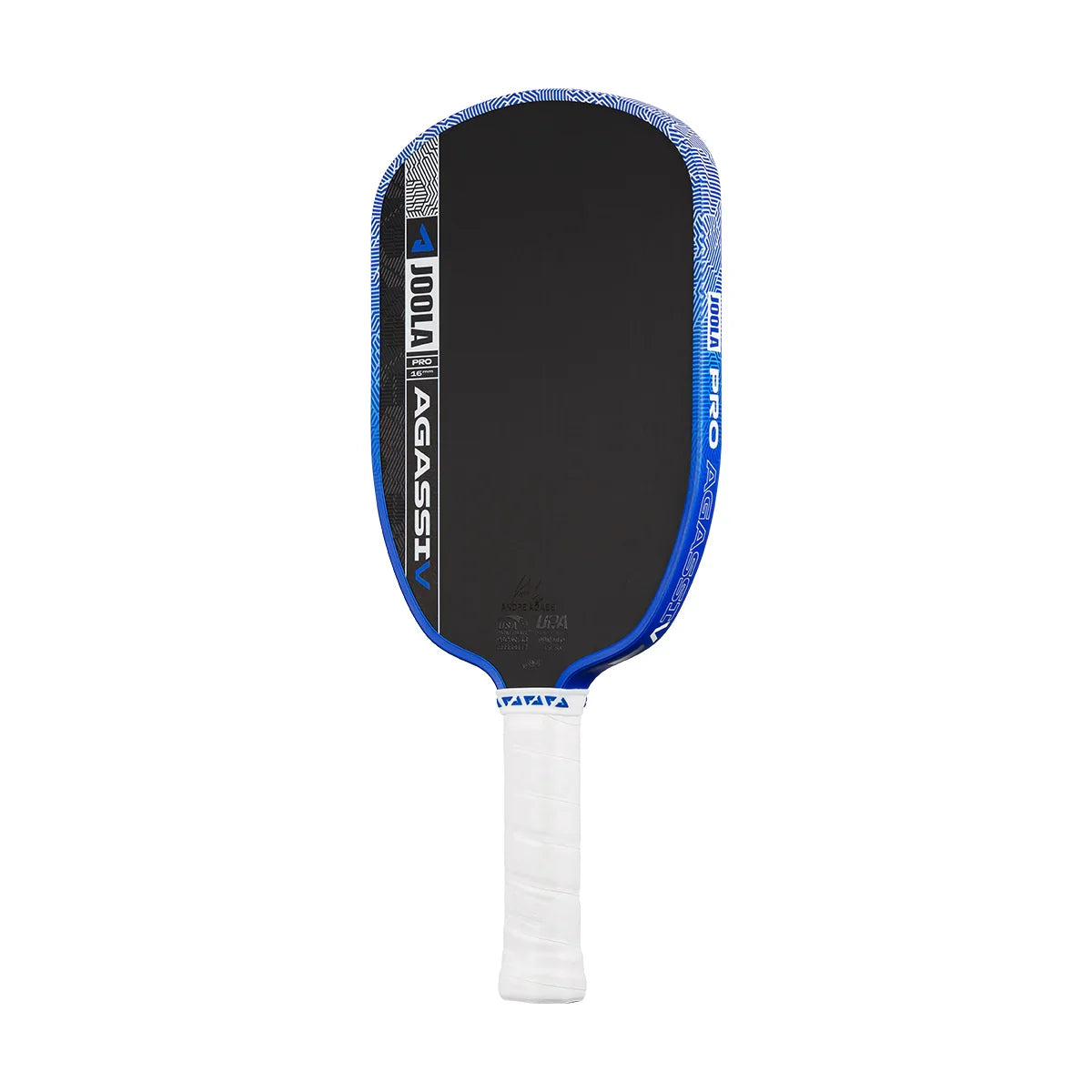 Blue and black JOOLA Pro Agassi pickleball paddle with white grip, designed for performance and control.