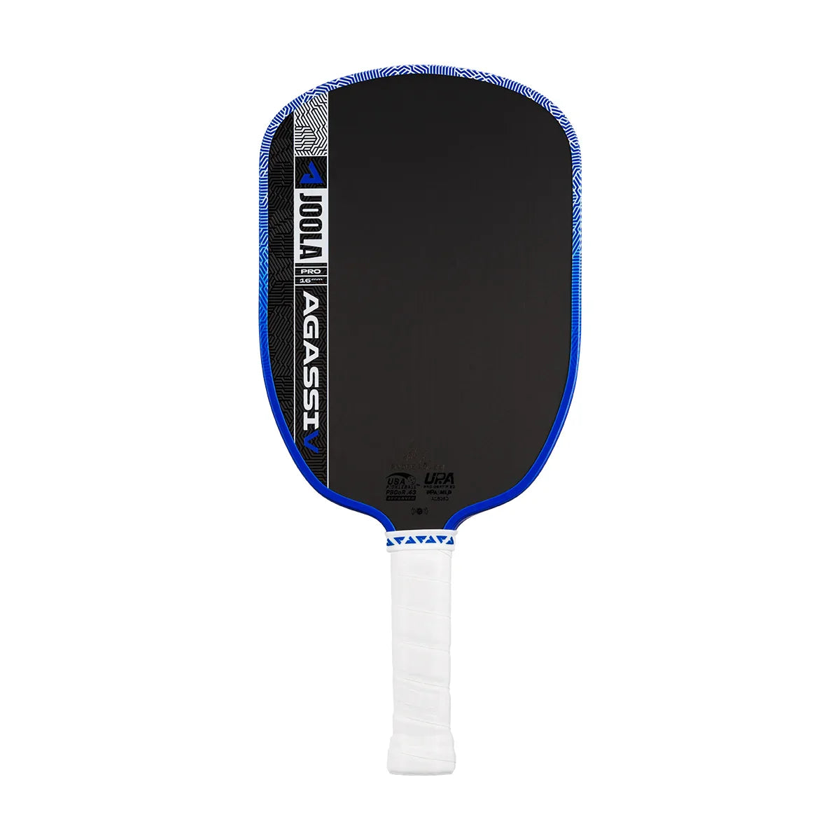 JOOLA Agassi Pro 16mm pickleball paddle with blue trim and white grip, USA Pickleball approved