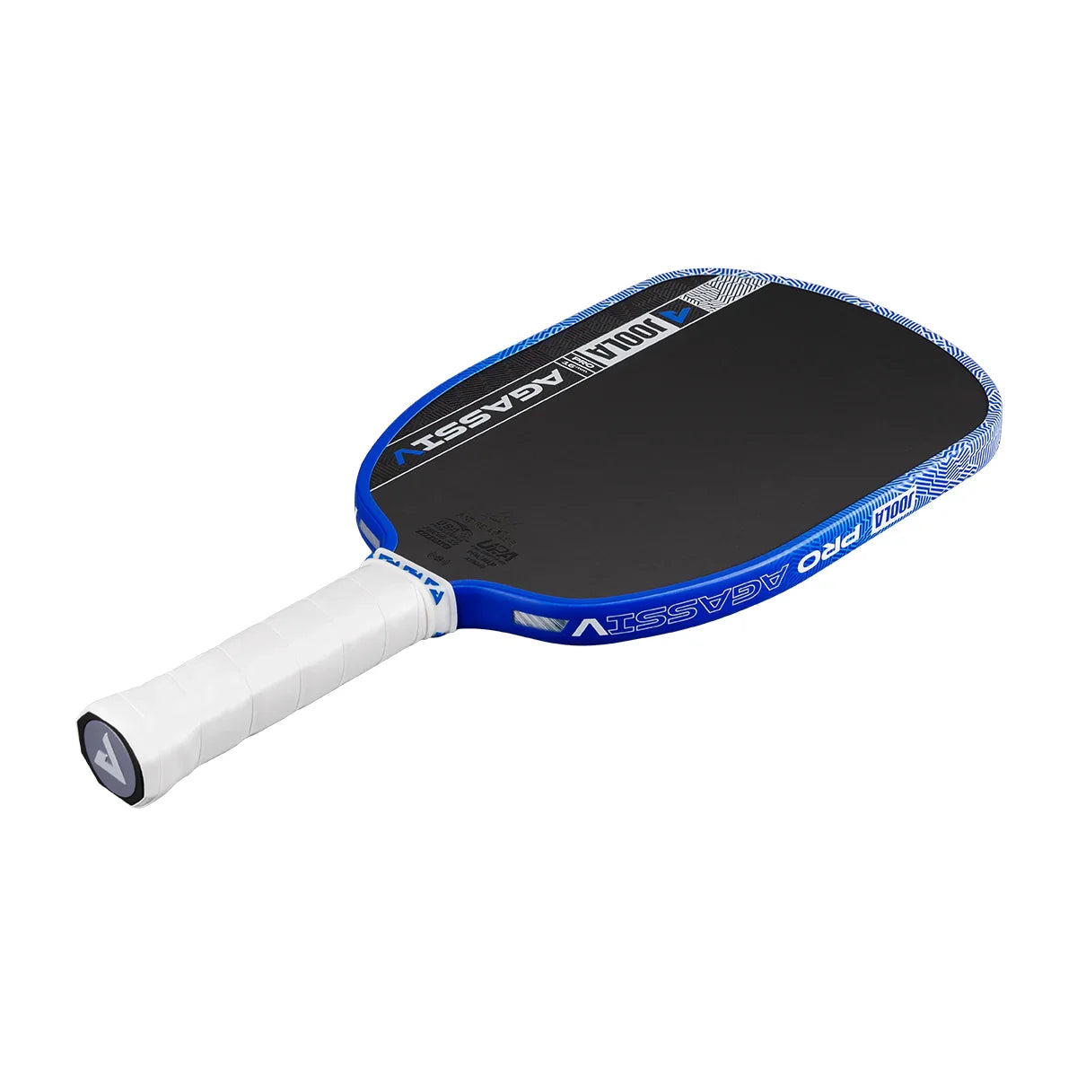 Blue and black Pro Agassi pickleball paddle with white grip, designed for performance and control.