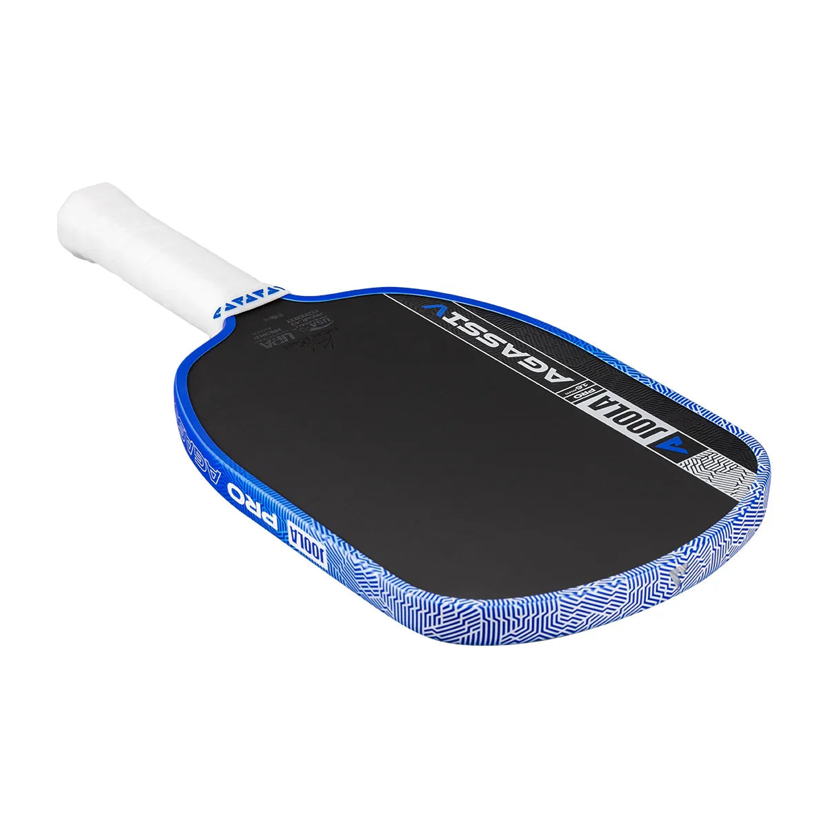 JOOLA Agassi Pro pickleball paddle with blue patterned edge and white grip, designed for performance play.