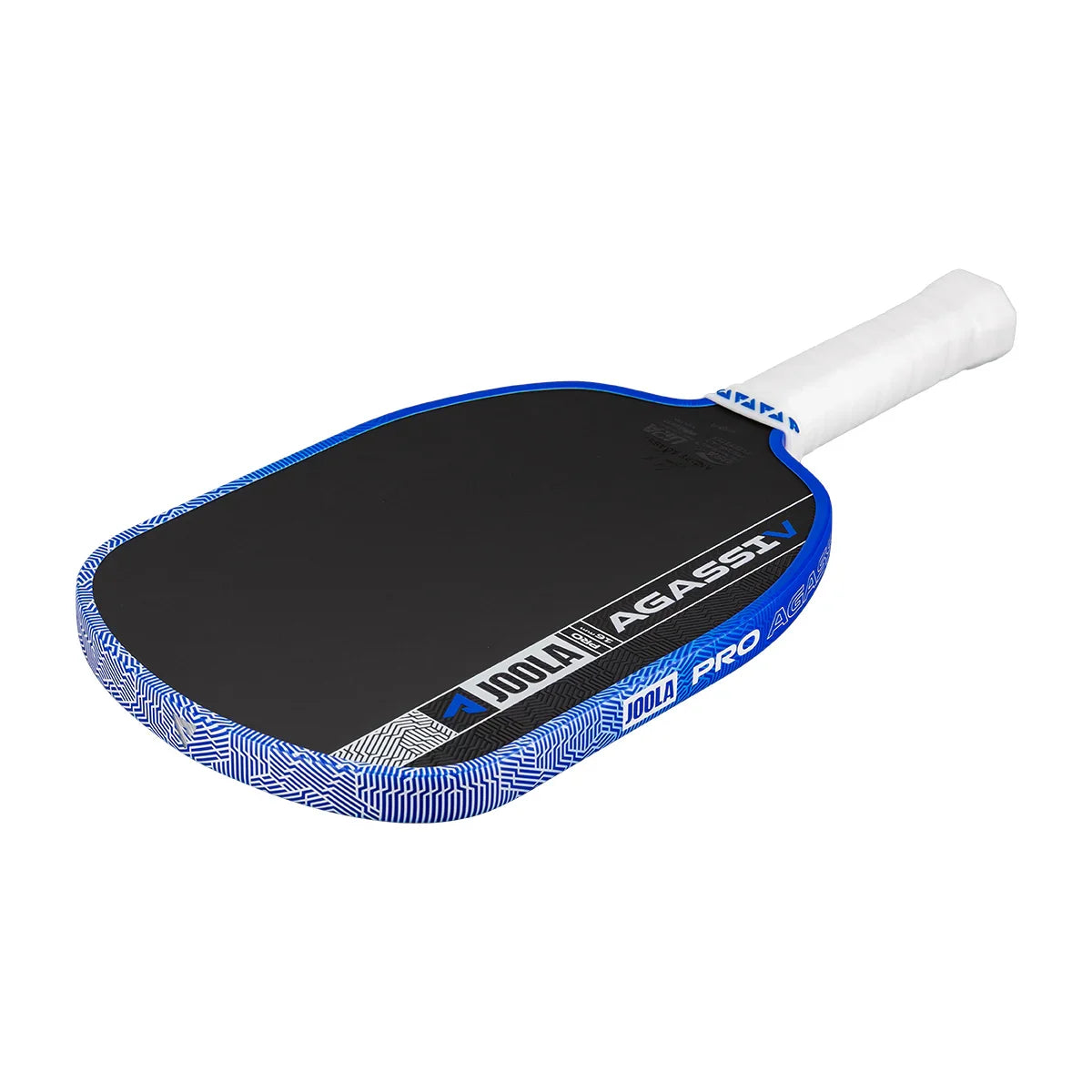 JOOLA Pro Agassi V pickleball paddle with blue patterned edge and white grip