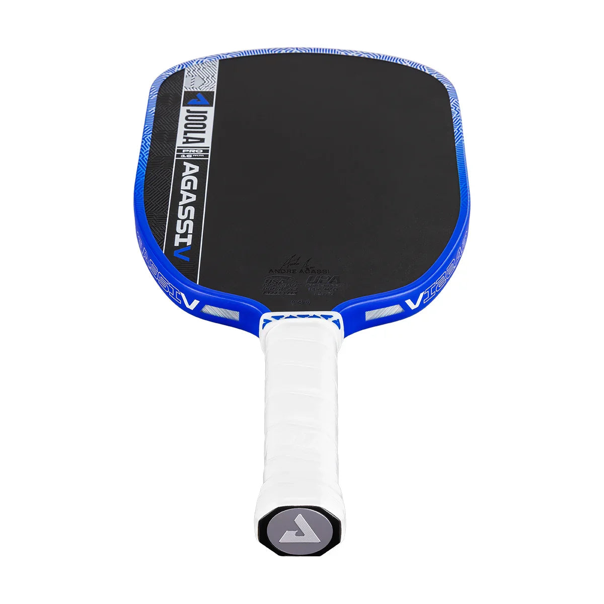 Blue and black Agassi Pro pickleball paddle with white grip, featuring USA Pickleball approval and signature design.