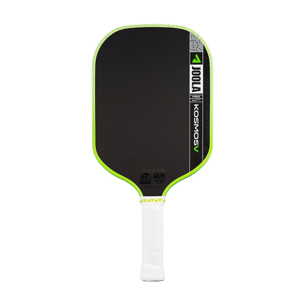 JOOLA Kosmos V Pro pickleball paddle with black face, neon green trim, and white grip