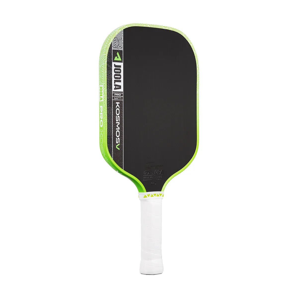 JOOLA Pro Kosmos pickleball paddle with neon green trim and white grip, designed for performance play.