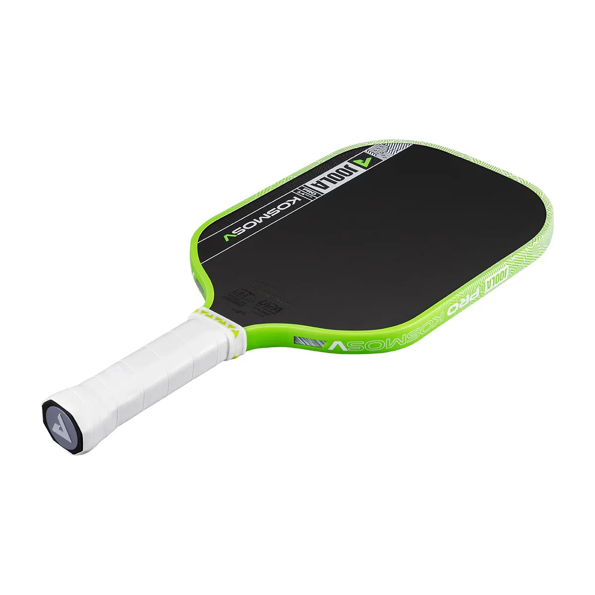 JOOLA Pro Kosmos pickleball paddle with neon green edge and white grip, designed for performance play
