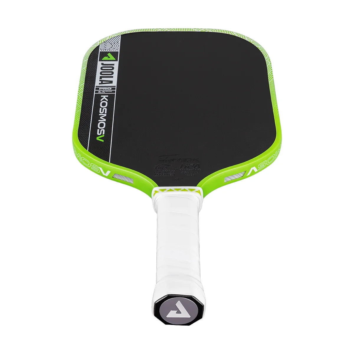 JOOLA Kosmos V Pro pickleball paddle with neon green edge and white grip, 14mm thickness