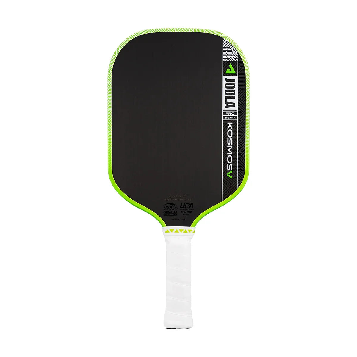 JOOLA Kosmos V Pro pickleball paddle with neon green edge and white grip, USA Pickleball approved