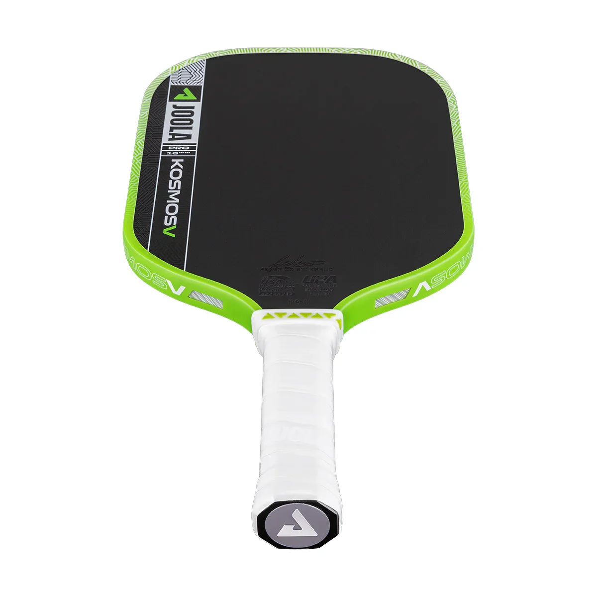 JOOLA Kosmos V Pro pickleball paddle with green trim and white grip, 16mm core, UPA approved