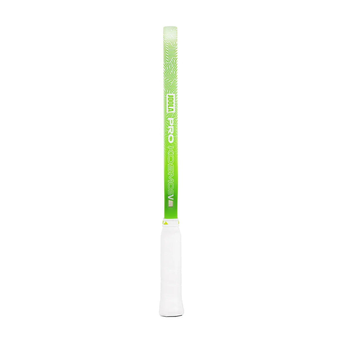 JOOLA Pro Kosmos V pickleball paddle with green grip and white handle, featuring geometric pattern design