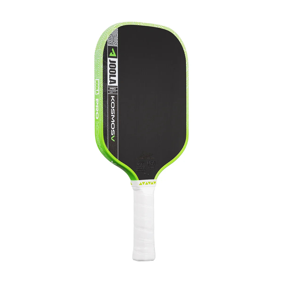 JOOLA Pro Kosmos V pickleball paddle with neon green trim and white grip, designed for performance play.