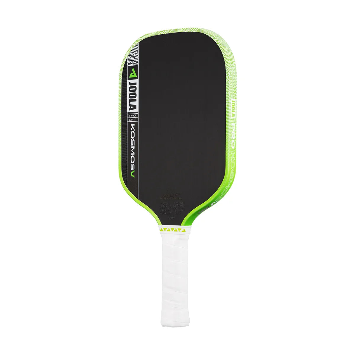 JOOLA Kosmos V Pro pickleball paddle with neon green edge and white grip, designed for performance play