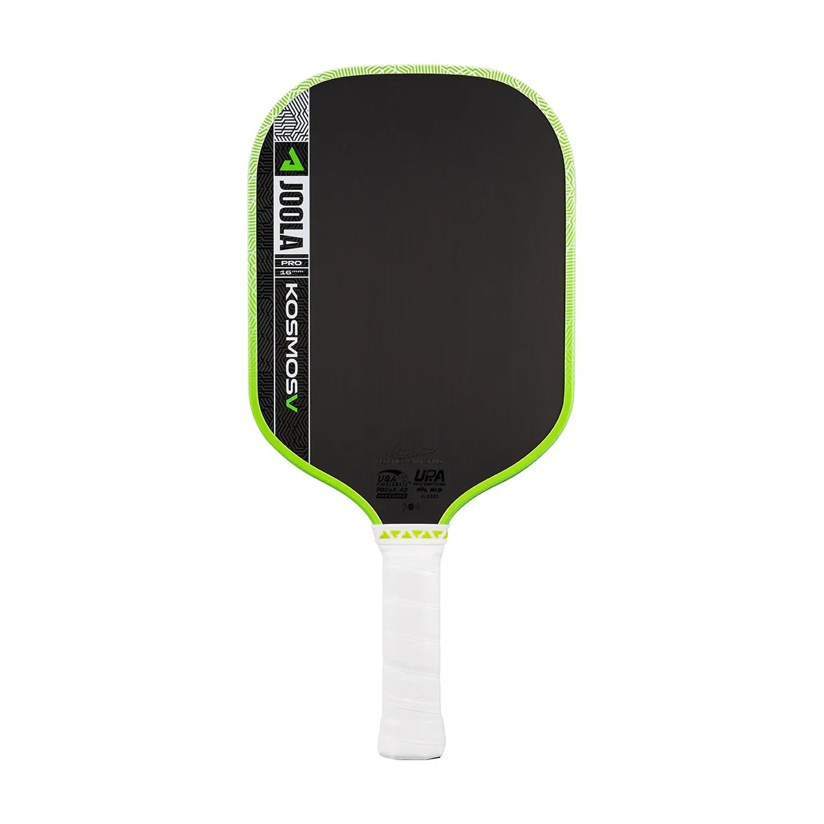 JOOLA Kosmos V Pro pickleball paddle with neon green edge and white grip, USA Pickleball approved