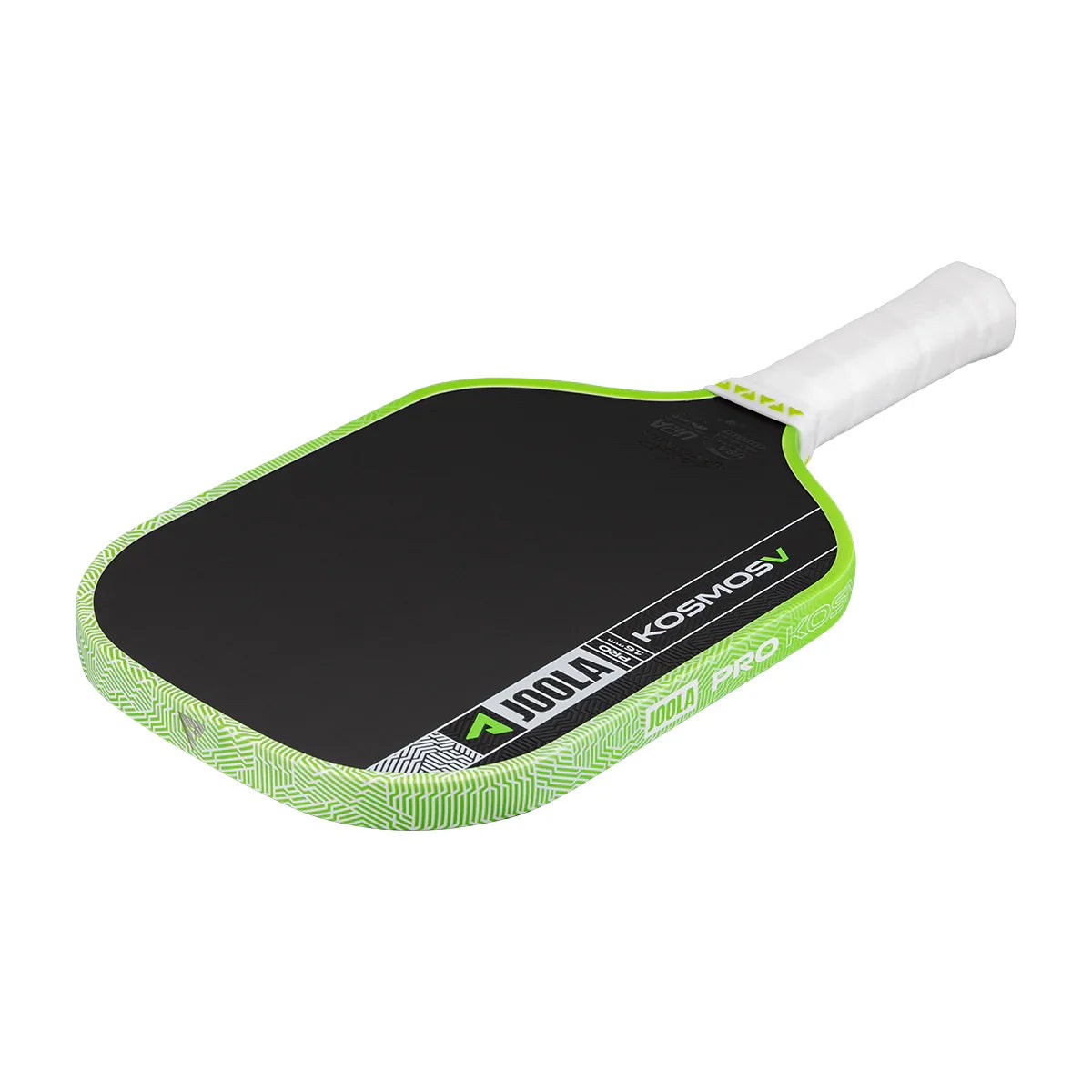 JOOLA Kosmos V pickleball paddle with green patterned edge and white grip, designed for performance play.