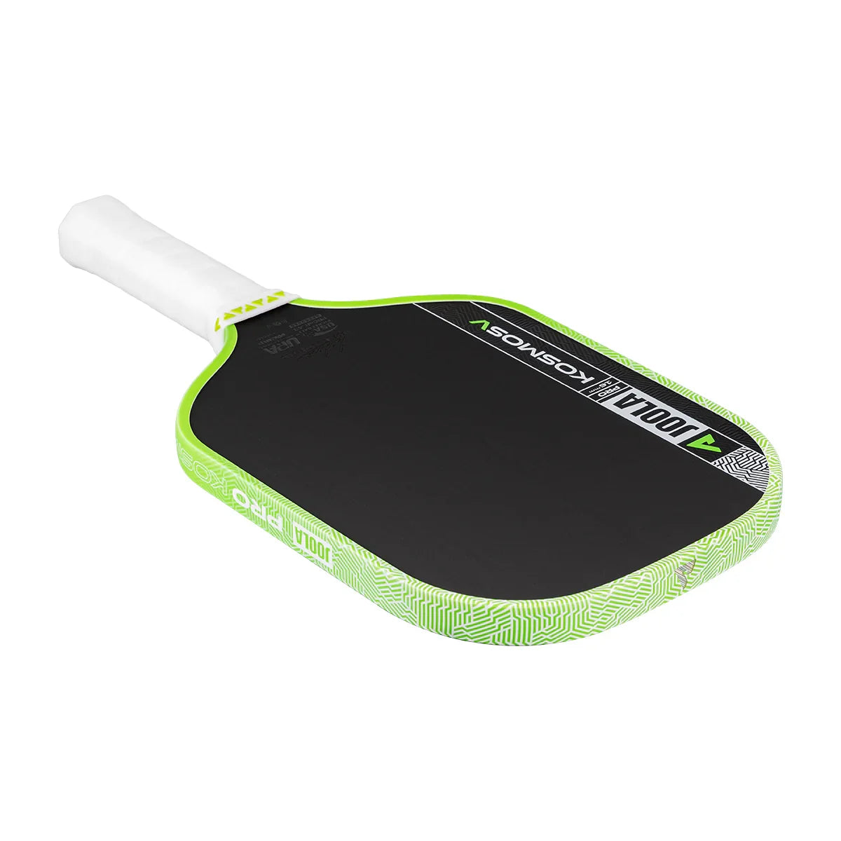 JOOLA Pro Kosmos pickleball paddle with black face and neon green edge, white grip, USA Pickleball approved