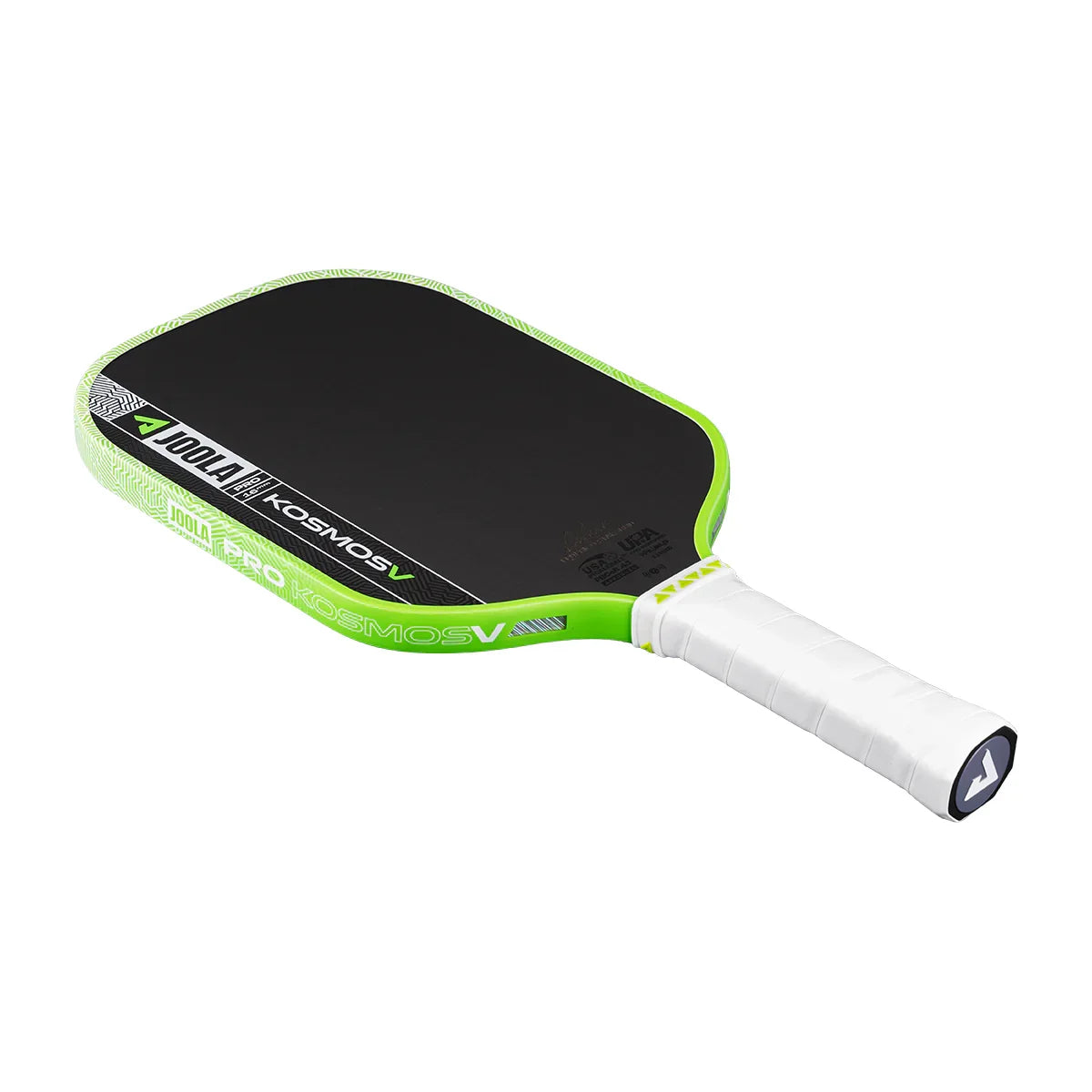 JOOLA Pro Kosmos V pickleball paddle with neon green edge and white grip, designed for performance play.