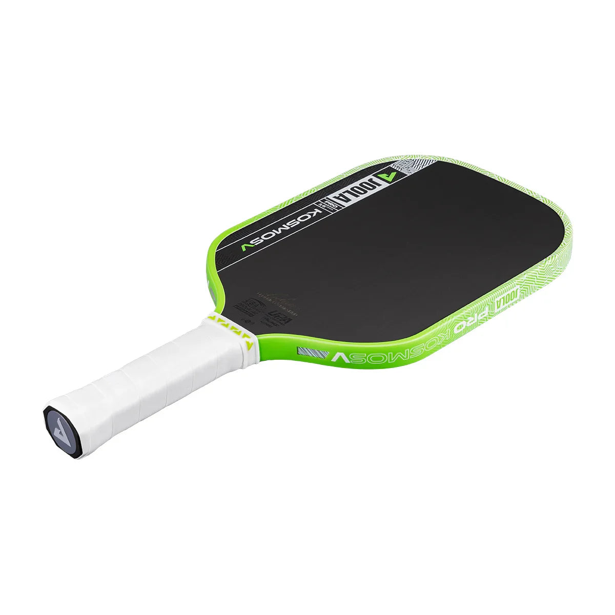 Green and black Pro Kosmos pickleball paddle with white grip, featuring USA Pickleball approved design