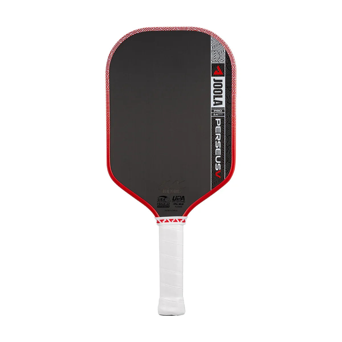 JOOLA Perseus Pro pickleball paddle with red trim and white grip, designed for performance and control.