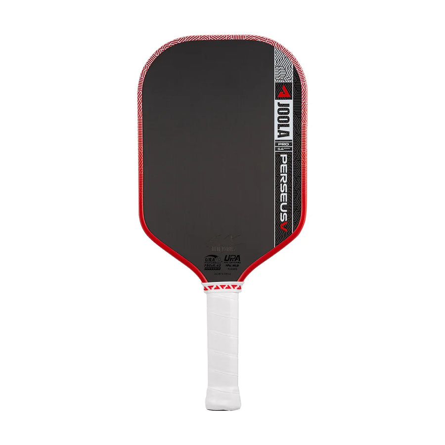 JOOLA Perseus Pro pickleball paddle with red trim and white grip, designed for performance and control.