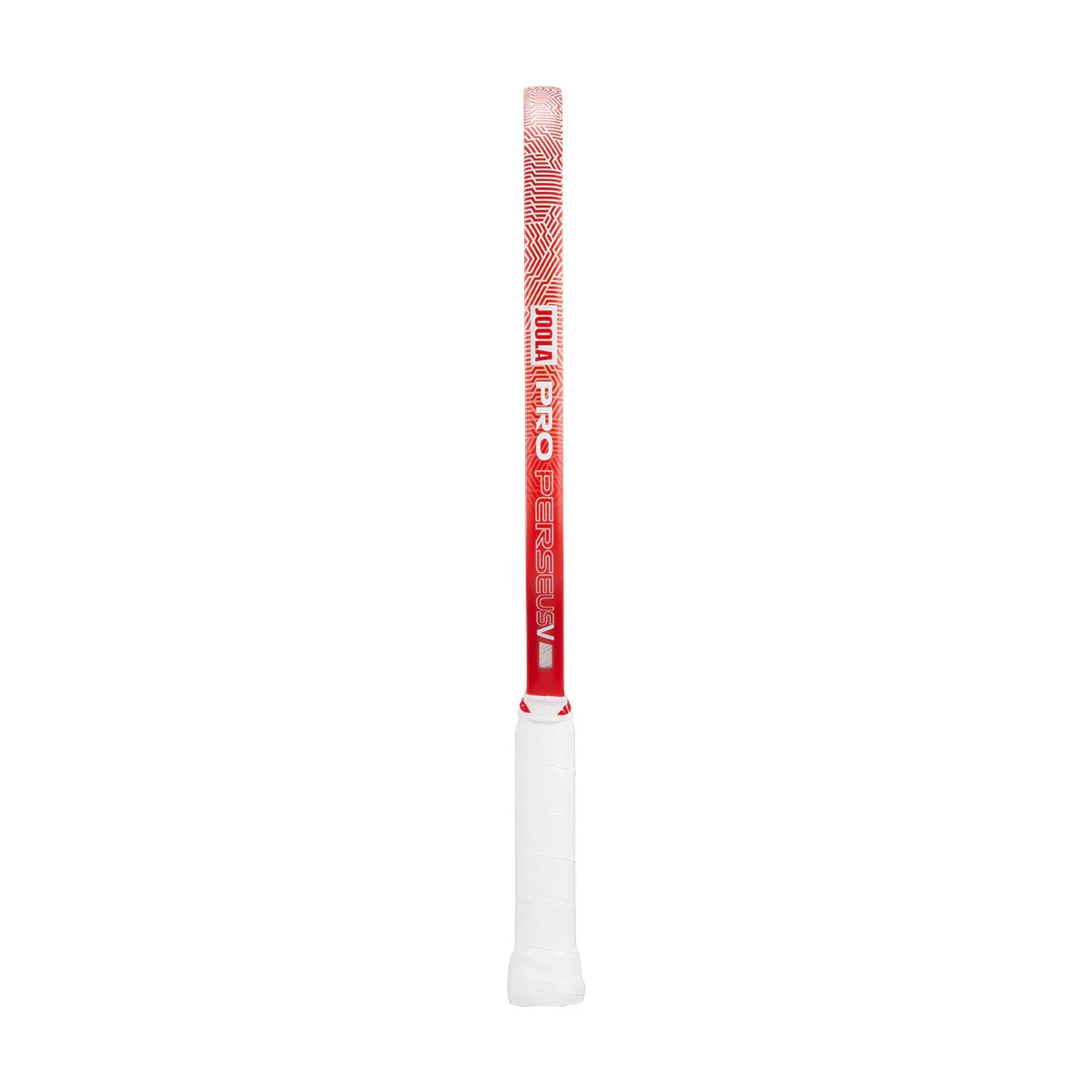 Red and white JOOLA Pro Perseus pickleball paddle grip with geometric pattern, ideal for performance play.