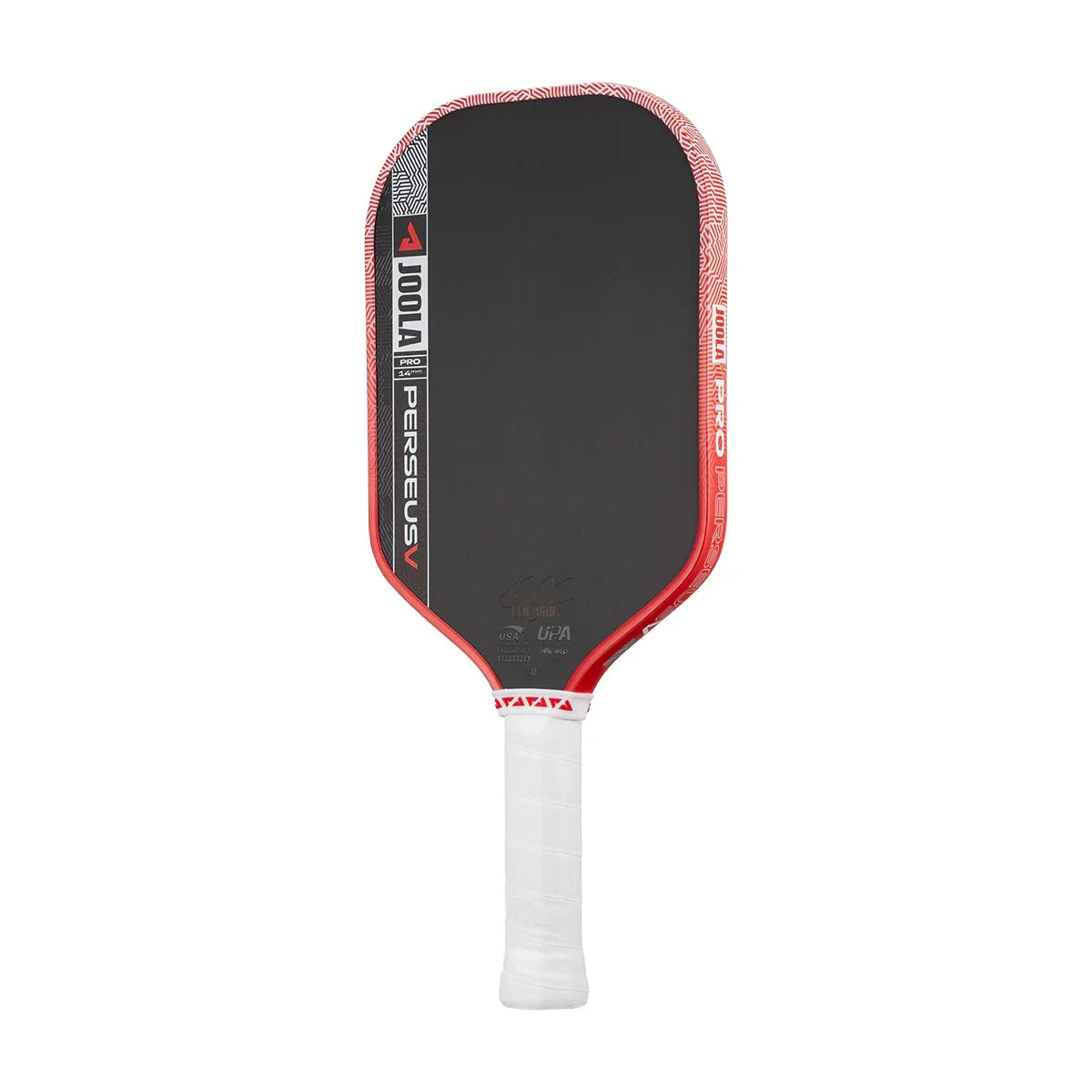 JOOLA Pro Perseus pickleball paddle with red and black design, white grip, and UPA approval