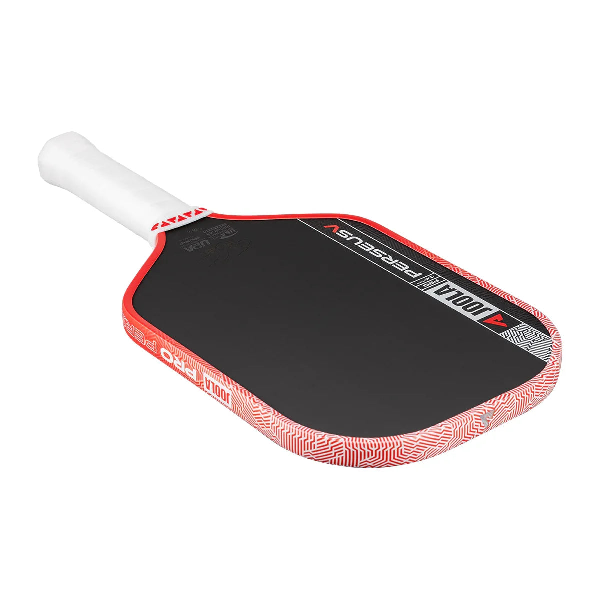 JOOLA Perseus Pro pickleball paddle with red patterned edge and black face, white grip