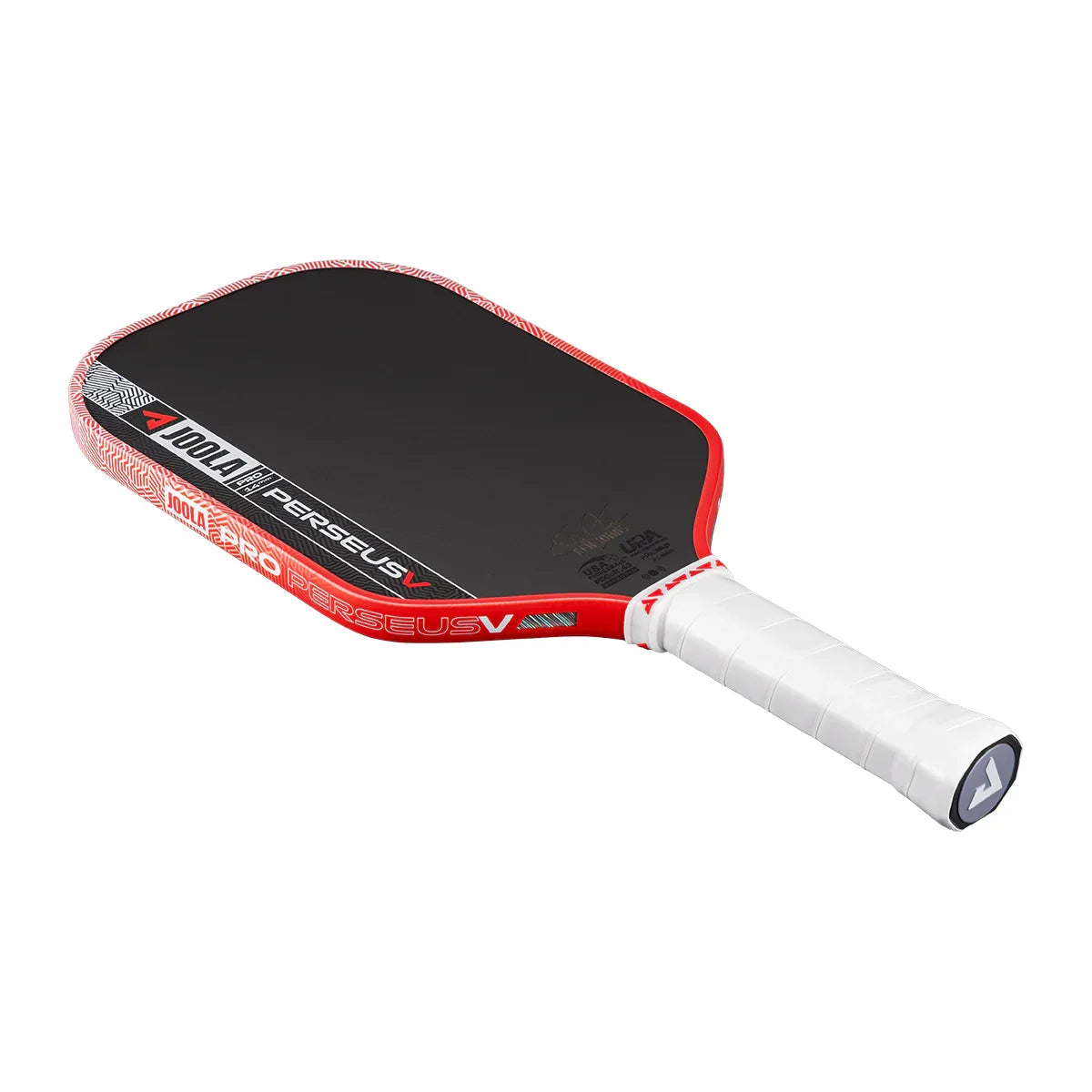 JOOLA Pro Perseus V pickleball paddle with red edge, black face, and white grip